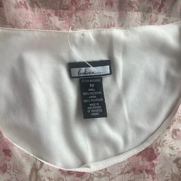 Vintage Believe Floral Pink Beige Sheer Ruffle Hem Dress Women's Size 10 - Picture 6 of 8